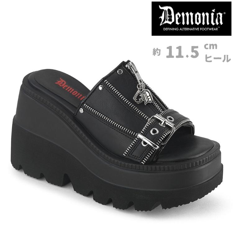 demonia デモニア サンダル 厚底 11.5cm ヒール ミュールサンダル ウェッジソール 黒 ブラック ビーガンレザー 合皮 つや消し ベルト チャーム  SHAKER-07 取寄 | Pleaser