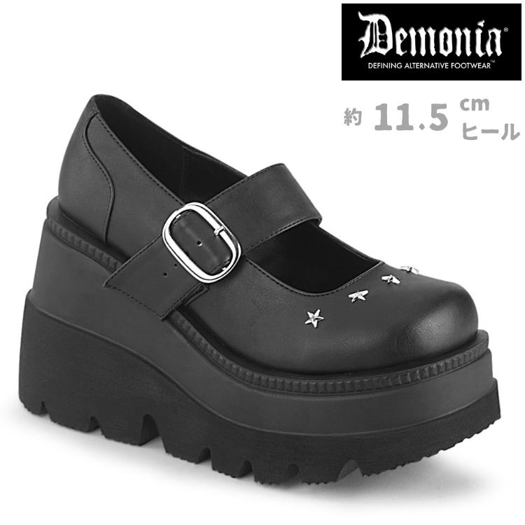 demonia デモニア パンプス 厚底 ウェッジソール 11.5 cm ヒール 黒 ブラック ベルト バックル 星型スタッズ 小さいサイズ 大きいサイズ レディース メンズ 取寄 | Pleaser