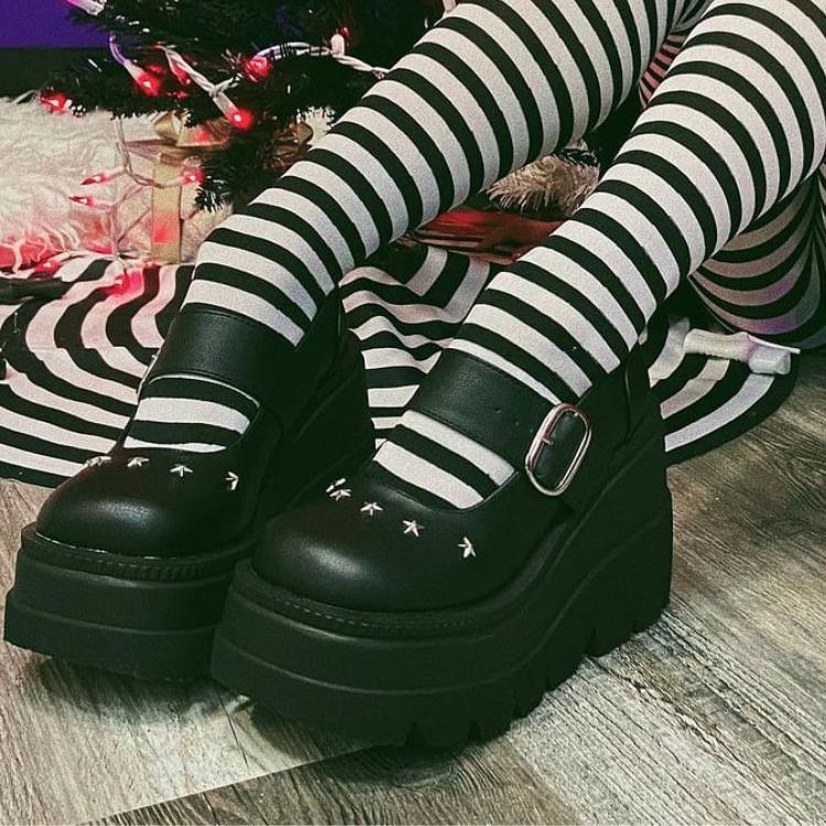 demonia デモニア パンプス 厚底 ウェッジソール 11.5 cm ヒール 黒 ブラック ベルト バックル 星型スタッズ 小さいサイズ 大きいサイズ レディース メンズ 取寄 | Pleaser | 05