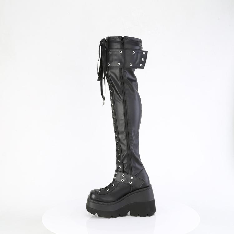demonia デモニア 厚底 ブーツ ニーハイ サイハイ ウェッジソール 11cm 12cm ヒール 黒 ブラック 合皮 ストレッチ 編み上げ ジッパー シューズ SHAKER-325 取寄 | Pleaser | 02
