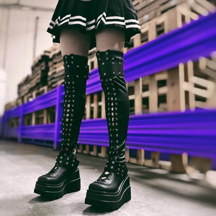 demonia デモニア 厚底 ブーツ ニーハイ サイハイ ウェッジソール 11cm 12cm ヒール 黒 ブラック 合皮 ストレッチ 編み上げ ジッパー シューズ SHAKER-325 取寄 | Pleaser | 05