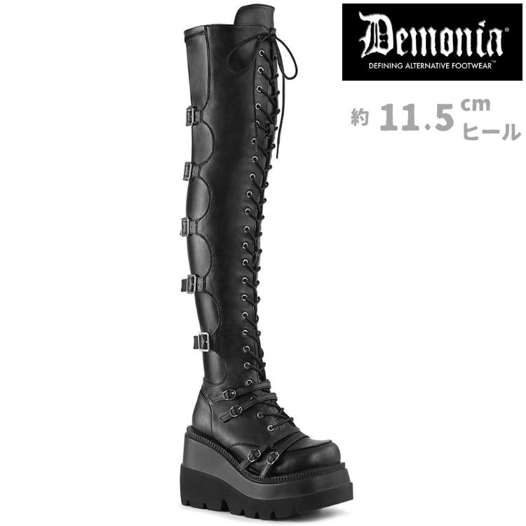 demonia デモニア ニーハイブーツ サイハイブーツ 厚底 ウェッジソール 11.5 cm ヒール 黒 ブラック 合皮 ベルト レースアップ 厚底靴 レディース メンズ 取寄 | Pleaser