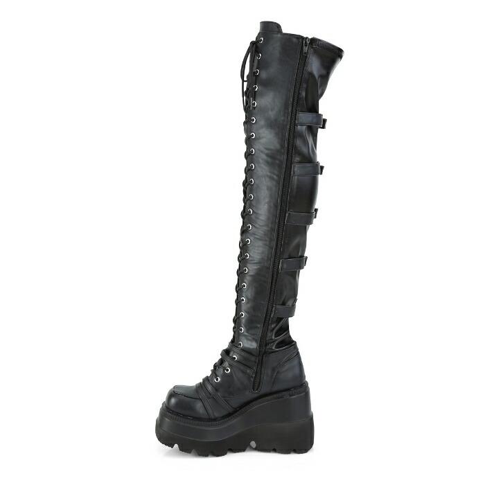 demonia デモニア ニーハイブーツ サイハイブーツ 厚底 ウェッジソール 11.5 cm ヒール 黒 ブラック 合皮 ベルト レースアップ 厚底靴 レディース メンズ 取寄 | Pleaser | 02