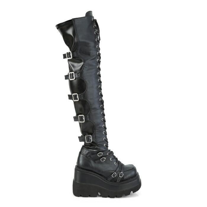 demonia デモニア ニーハイブーツ サイハイブーツ 厚底 ウェッジソール 11.5 cm ヒール 黒 ブラック 合皮 ベルト レースアップ 厚底靴 レディース メンズ 取寄 | Pleaser | 04