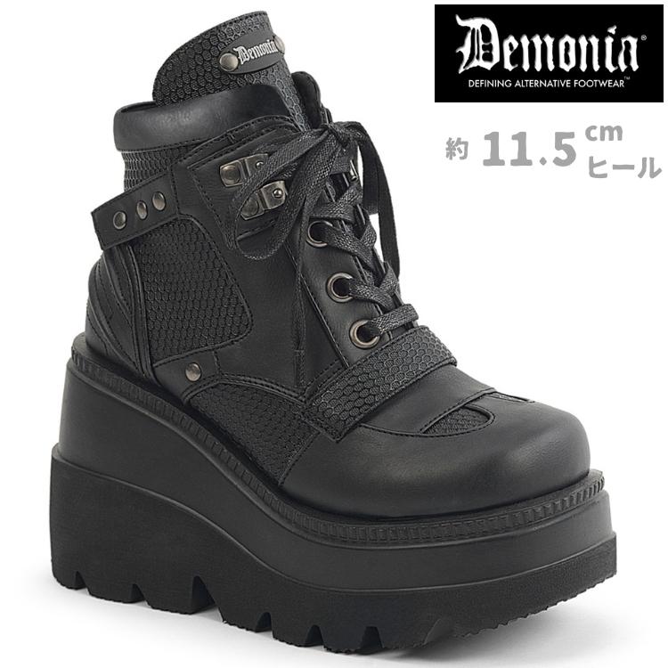 demonia デモニア 厚底 ブーツ アンクルブーツ ショートブーツ 11.5cm ヒール ウェッジソール 黒 ブラック 合皮 編み上げ レースアップ ロック SHAKER-37 取寄 | Pleaser