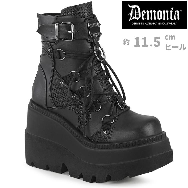 demonia デモニア ショートブーツ 厚底 ウェッジソール 11.5 cm ヒール 黒 ブラック フェイクレザー ベルト 編み上げ 大きいサイズ 靴 レディース メンズ 取寄 | Pleaser
