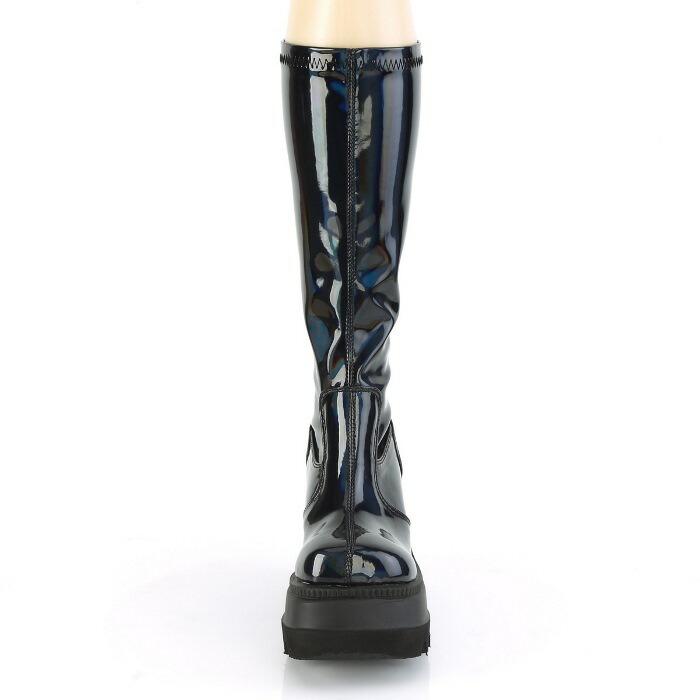 demonia デモニア ロングブーツ 厚底 ウェッジソール 11.5 cm ヒール 黒 ブラック ホログラム エナメル 小さいサイズ 大きいサイズ 靴 レディース メンズ 取寄 | Pleaser | 01