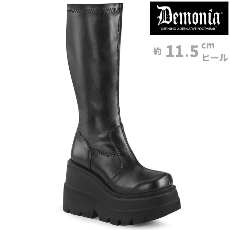 demonia デモニア 厚底ブーツ ロングブーツ 厚底 11.5cm プラットフォーム ウェッジソール 黒 ブラック ビーガンレザー つや消し ストレッチ 靴 SHAKER-65 取寄 | Pleaser