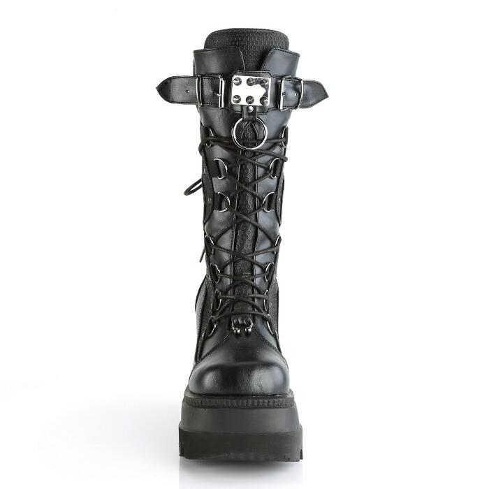 demonia デモニア ミドルブーツ 厚底 ウェッジソール 11.5 cm ヒール 黒 ブラック 合皮 ベルト メタルプレート 編み上げ 大きいサイズ レディース メンズ 取寄 | Pleaser | 01