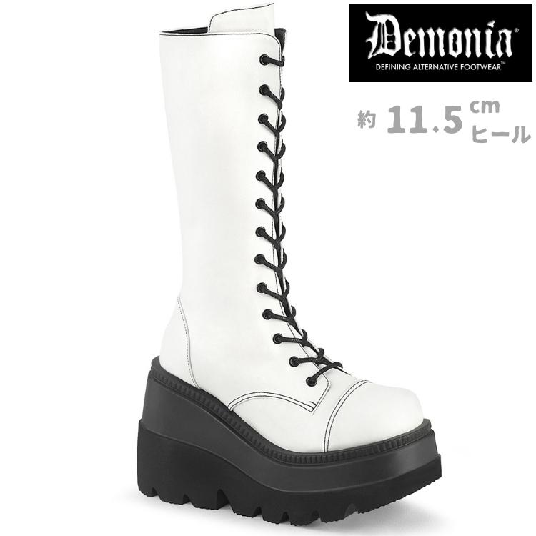 demonia デモニア 厚底 ブーツ ミドルブーツ 厚底 11.5cm ヒール 白 ホワイト ビーガンレザー 合皮 つや消し 編み上げ  大きいサイズ パンク SHAKER-72 取寄 | Pleaser