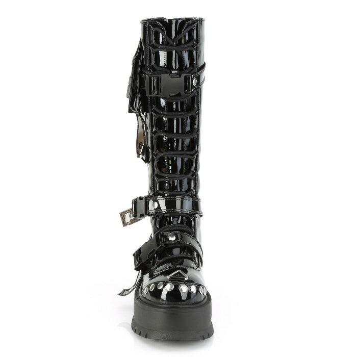 demonia デモニア ロングブーツ 厚底 ラバーソール 5 cm ヒール 黒 ブラック エナメル サイドポケット ストラップ 編み上げ ニーブーツ レディース メンズ 取寄 | Pleaser | 01