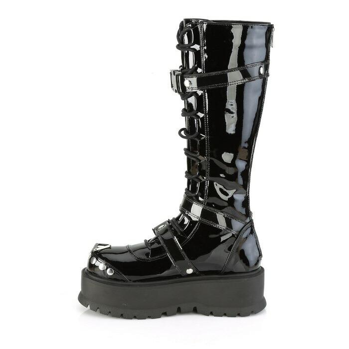 demonia デモニア ロングブーツ 厚底 ラバーソール 5 cm ヒール 黒 ブラック エナメル サイドポケット ストラップ 編み上げ ニーブーツ レディース メンズ 取寄 | Pleaser | 02