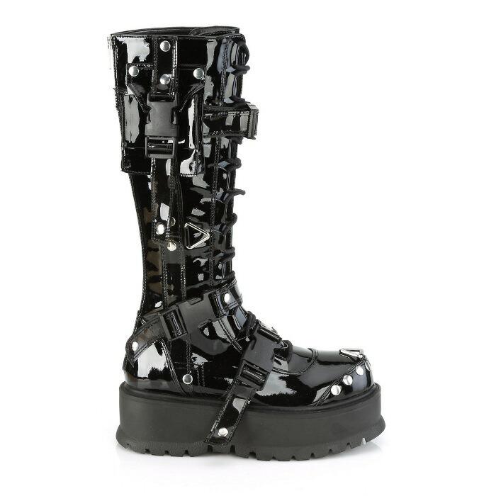 demonia デモニア ロングブーツ 厚底 ラバーソール 5 cm ヒール 黒 ブラック エナメル サイドポケット ストラップ 編み上げ ニーブーツ レディース メンズ 取寄 | Pleaser | 04
