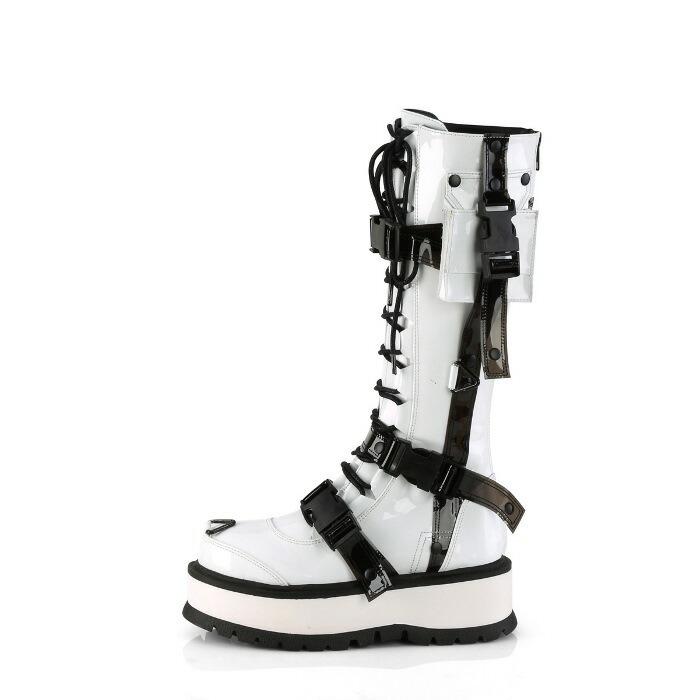 demonia デモニア ロングブーツ 厚底 ラバーソール 5 cm ヒール 白 ホワイト エナメル サイドポケット ストラップ 編み上げ ニーブーツ レディース メンズ 取寄 | Pleaser | 02