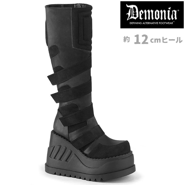 demonia デモニア 厚底 ブーツ ロングブーツ 12cm ヒール ウェッジソール 黒 ブラック ビーガンレザー パンク ロック ゴシック ゴスロリ 原宿系 STOMP-228 取寄 | Pleaser