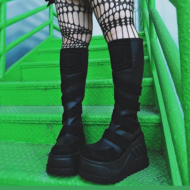demonia デモニア 厚底 ブーツ ロングブーツ 12cm ヒール ウェッジソール 黒 ブラック ビーガンレザー パンク ロック ゴシック ゴスロリ 原宿系 STOMP-228 取寄 | Pleaser | 05