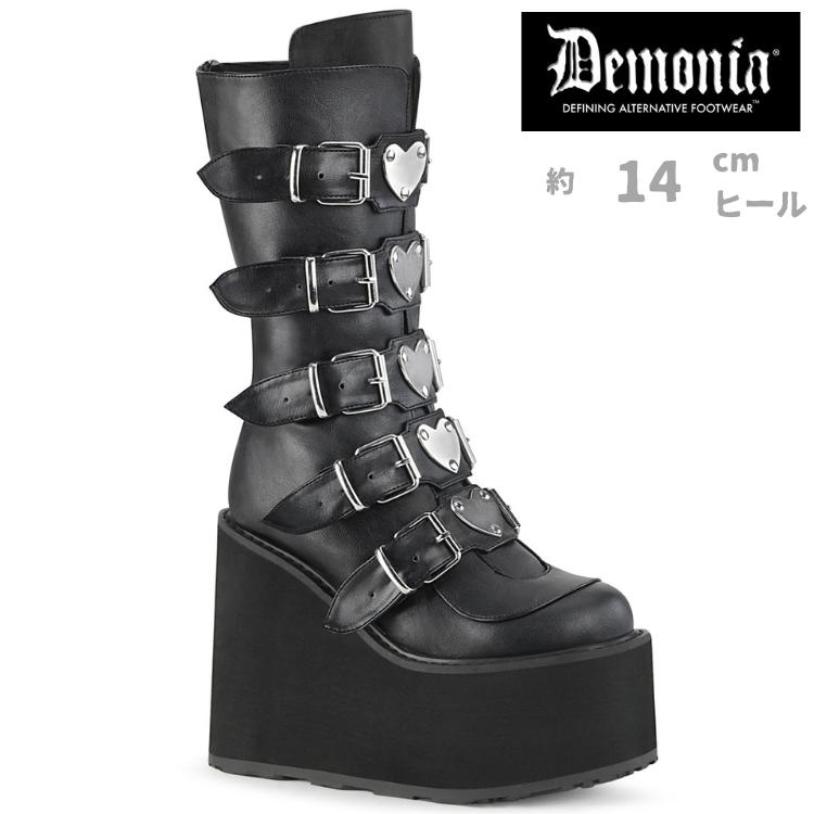 demonia デモニア 厚底 ブーツ ミドルブーツ 14cm ヒール ウェッジソール 黒 ブラック ビーガンレザー 合皮 つや消し ハート メタルプレート SWING-230 取寄 | Pleaser