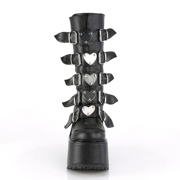 demonia デモニア 厚底 ブーツ ミドルブーツ 14cm ヒール ウェッジソール 黒 ブラック ビーガンレザー 合皮 つや消し ハート メタルプレート SWING-230 取寄 | Pleaser | 01