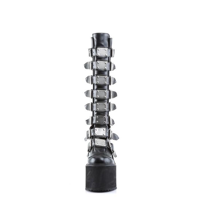 demonia デモニア 厚底ブーツ ロングブーツ 14cm ヒール ウェッジソール 黒 ブラック ビーガンレザー 合皮 つや消し サイバー メタルプレート SWING-815 取寄 | Pleaser | 01