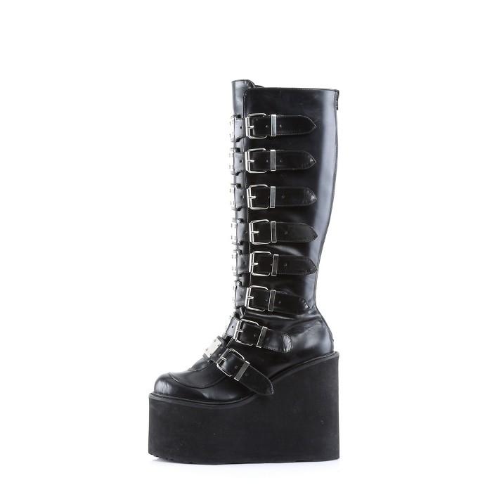 demonia デモニア 厚底ブーツ ロングブーツ 14cm ヒール ウェッジソール 黒 ブラック ビーガンレザー 合皮 つや消し サイバー メタルプレート SWING-815 取寄 | Pleaser | 02