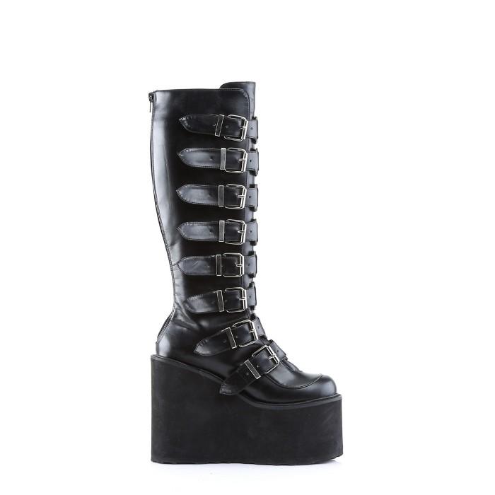 demonia デモニア 厚底ブーツ ロングブーツ 14cm ヒール ウェッジソール 黒 ブラック ビーガンレザー 合皮 つや消し サイバー メタルプレート SWING-815 取寄 | Pleaser | 04