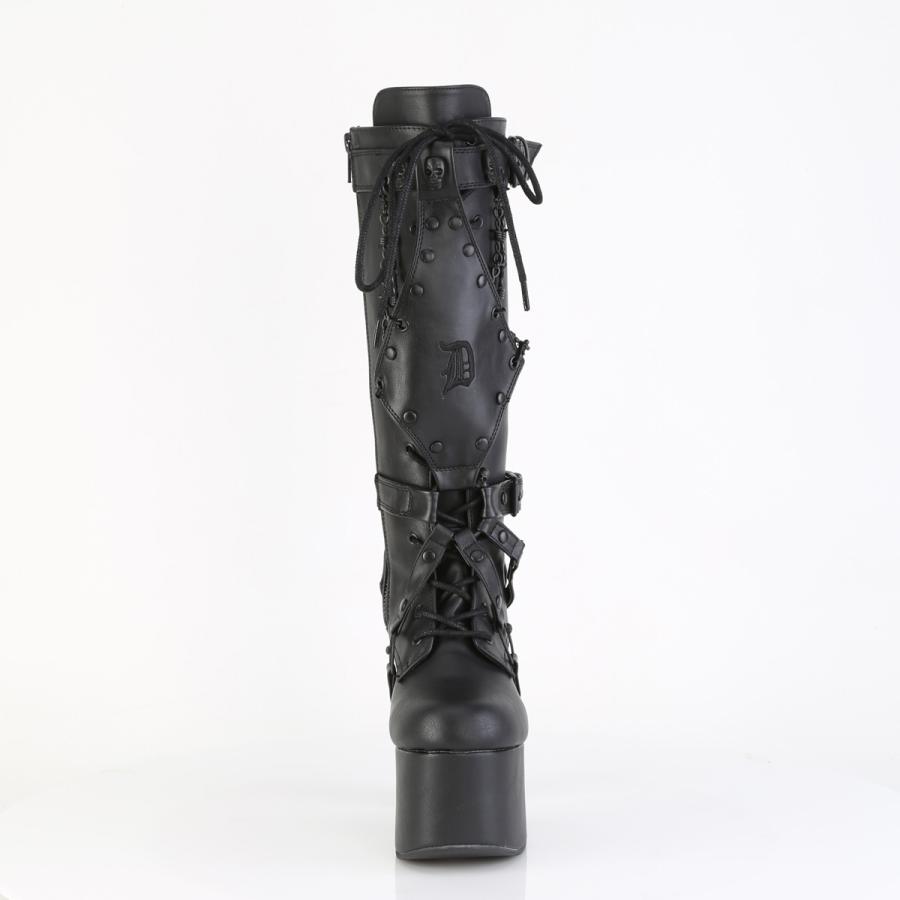 demonia デモニア 厚底ブーツ ロングブーツ 14cm ヒール プラットフォーム 黒 ブラック ビーガンレザー つや消し 編み上げ パンク ロック V系 TORMENT-218 取寄 | Pleaser | 01