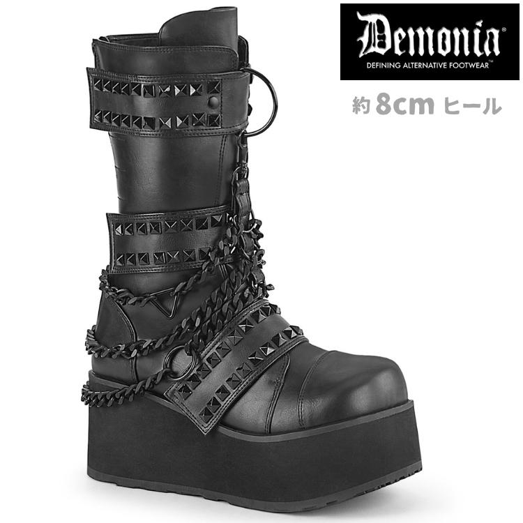 demonia デモニア ミドルブーツ 厚底 ラバーソール 8 cm ヒール 黒 ブラック チェーン スタッズ ジッパー 小さいサイズ 大きいサイズ 厚底靴 靴 メンズ 取寄 | Pleaser