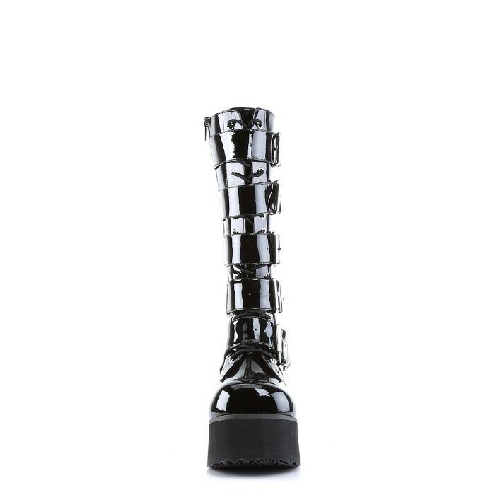 demonia デモニア ロングブーツ 厚底 ラバーソール 8 cm ヒール 黒 ブラック エナメル バックル ベルト 編み上げ レースアップ 大きいサイズ 厚底靴 メンズ 取寄 | Pleaser | 01