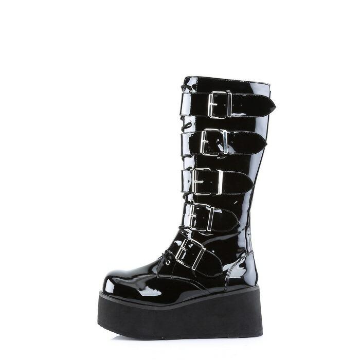 demonia デモニア ロングブーツ 厚底 ラバーソール 8 cm ヒール 黒 ブラック エナメル バックル ベルト 編み上げ レースアップ 大きいサイズ 厚底靴 メンズ 取寄 | Pleaser | 02