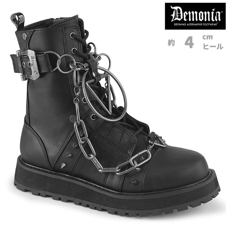demonia デモニア 厚底ブーツ アンクルブーツ ショートブーツ 4cm プラットフォーム 黒 ブラック ビーガンレザー 編み上げ チェーン メンズ 靴 VALOR-204 取寄 | Pleaser