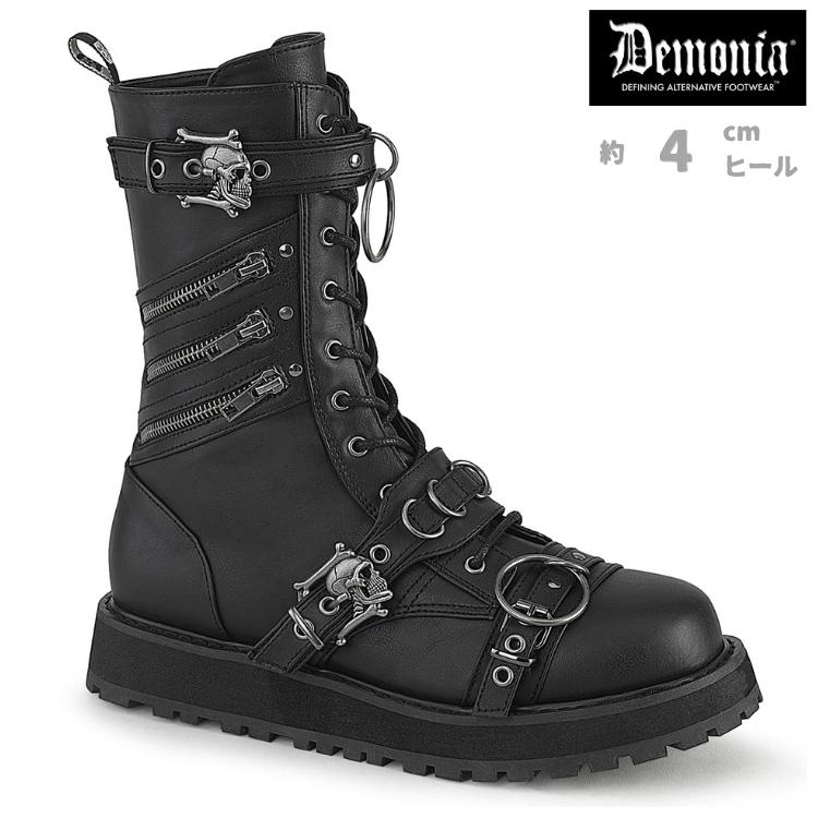 demonia デモニア 厚底ブーツ ミドルブーツ 4cm プラットフォーム 黒 ブラック ビーガンレザー 編み上げ レースアップ スカルバックル メンズ 靴 VALOR-240 取寄 | Pleaser