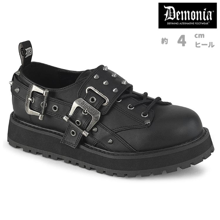 demonia デモニア 厚底シューズ オックスフォードシューズ レースアップ 4cm プラットフォーム 黒 ブラック ビーガンレザー バックル ストラップ VALOR-38 取寄 | Pleaser