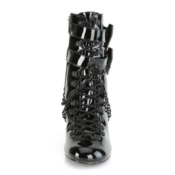 demonia デモニア ショートブーツ 7.5 cm ヒール 黒 ブラック エナメル チェーン バックル ストラップ 編み上げ ジッパー 大きいサイズ レディース メンズ 取寄 | Pleaser | 01