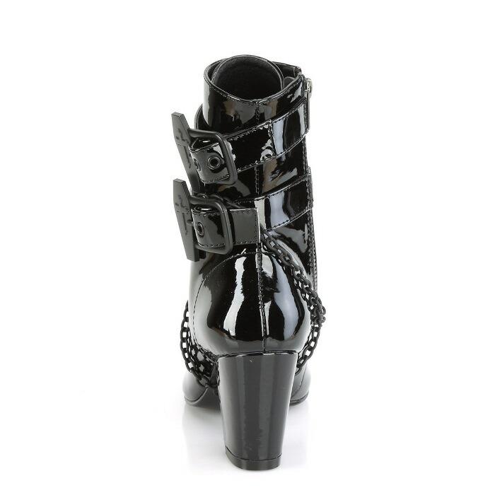 demonia デモニア ショートブーツ 7.5 cm ヒール 黒 ブラック エナメル チェーン バックル ストラップ 編み上げ ジッパー 大きいサイズ レディース メンズ 取寄 | Pleaser | 03