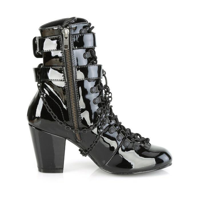 demonia デモニア ショートブーツ 7.5 cm ヒール 黒 ブラック エナメル チェーン バックル ストラップ 編み上げ ジッパー 大きいサイズ レディース メンズ 取寄 | Pleaser | 04