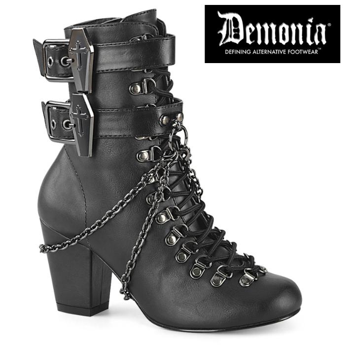demonia デモニア ショートブーツ 7.5cmヒール 黒 合皮 チェーン バックル ストラップ 編み上げ ジッパー 大きいサイズ 靴 レディース メンズ 即納 取寄 | Pleaser