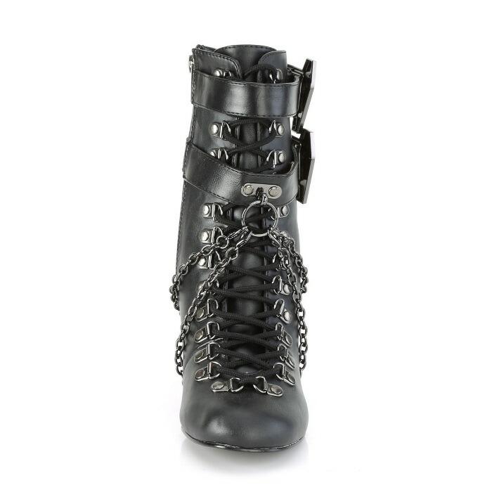 demonia デモニア ショートブーツ 7.5cmヒール 黒 合皮 チェーン バックル ストラップ 編み上げ ジッパー 大きいサイズ 靴 レディース メンズ 即納 取寄 | Pleaser | 01