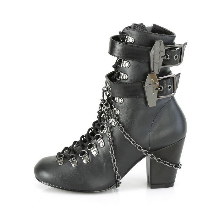 demonia デモニア ショートブーツ 7.5cmヒール 黒 合皮 チェーン バックル ストラップ 編み上げ ジッパー 大きいサイズ 靴 レディース メンズ 即納 取寄 | Pleaser | 02