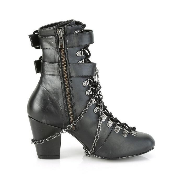demonia デモニア ショートブーツ 7.5cmヒール 黒 合皮 チェーン バックル ストラップ 編み上げ ジッパー 大きいサイズ 靴 レディース メンズ 即納 取寄 | Pleaser | 04