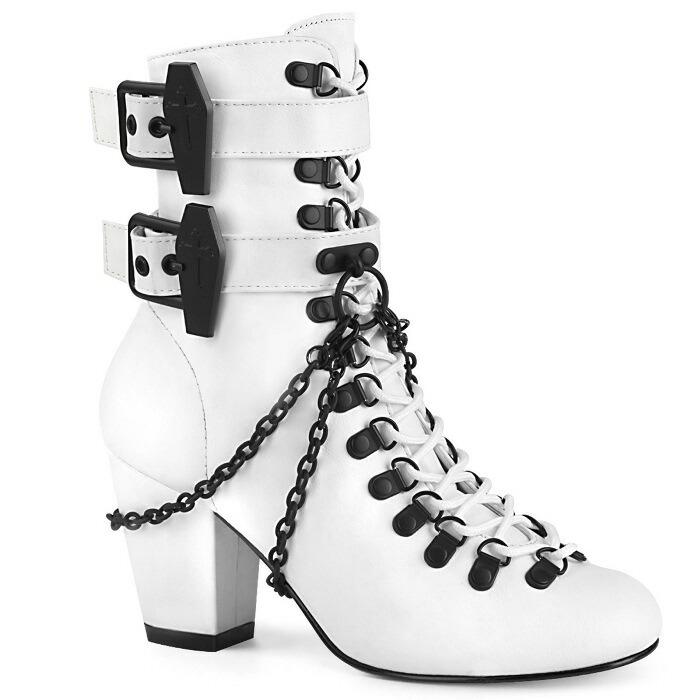 demonia デモニア ショートブーツ 7.5 cm ヒール 白 ホワイト チェーン バックル ストラップ 編み上げ 大きいサイズ アンクルブーツ 靴 レディース メンズ 取寄 | Pleaser