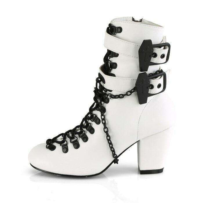 demonia デモニア ショートブーツ 7.5 cm ヒール 白 ホワイト チェーン バックル ストラップ 編み上げ 大きいサイズ アンクルブーツ 靴 レディース メンズ 取寄 | Pleaser | 02