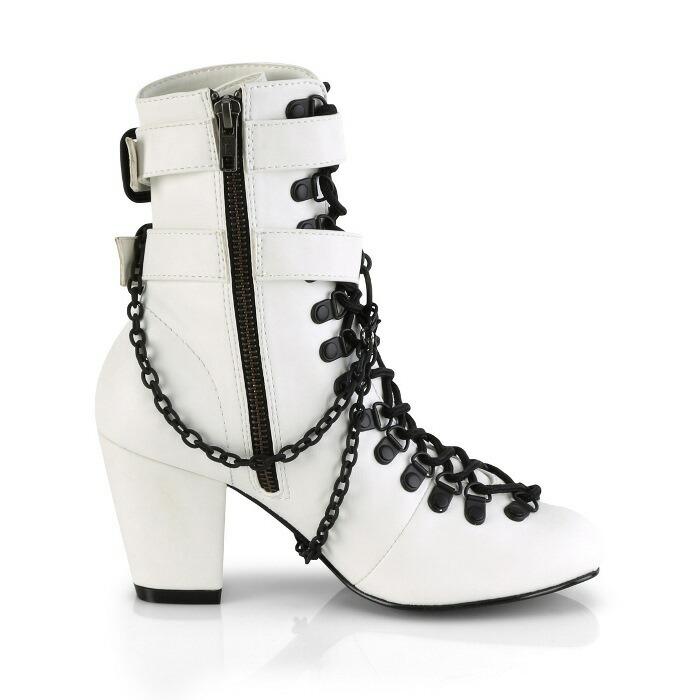 demonia デモニア ショートブーツ 7.5 cm ヒール 白 ホワイト チェーン バックル ストラップ 編み上げ 大きいサイズ アンクルブーツ 靴 レディース メンズ 取寄 | Pleaser | 04