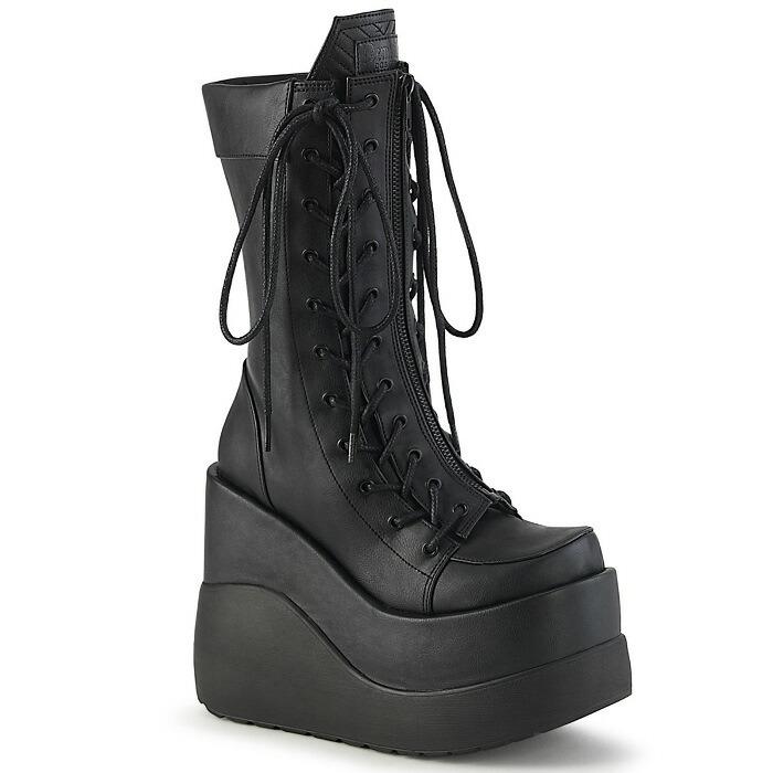 demonia デモニア ミドルブーツ 厚底 ウェッジソール 13 cm ヒール 黒 ブラック 編み上げ レースアップ ジッパー 大きいサイズ 厚底靴 レディース メンズ 取寄 | Pleaser