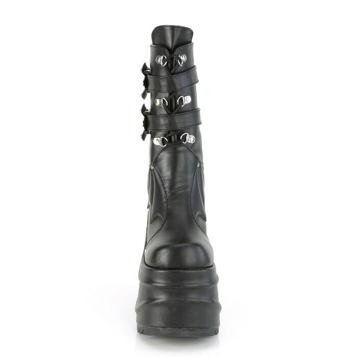 demonia デモニア ミドルブーツ 厚底 ウェッジソール 15 cm ヒール 黒 ブラック 合皮 バット バックル レースアップ 大きいサイズ 靴 レディース メンズ 取寄 | Pleaser | 01