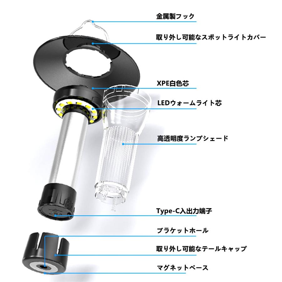 LEDランタン キャンプランタン 懐中電灯 3つの光源・4つ点灯モード・白色光+暖かい光+赤色光・超高輝度・USB充電式・7-40時間持つ｜dina｜14