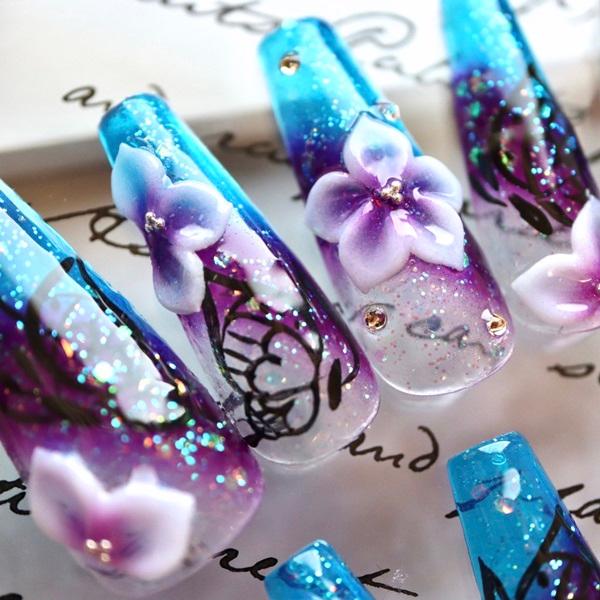 ジェルネイルチップ 付け爪 ブルーパープル蝶フラワー : DINA ジェルネイルチップ 付け爪 ブルーパープル蝶フラワー : DINA