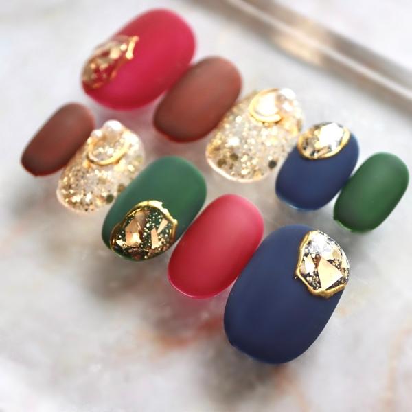 ジュエリーネイルチップ ジェルネイルチップ 付け爪 ショート ロング 秋色マルチカラーマット