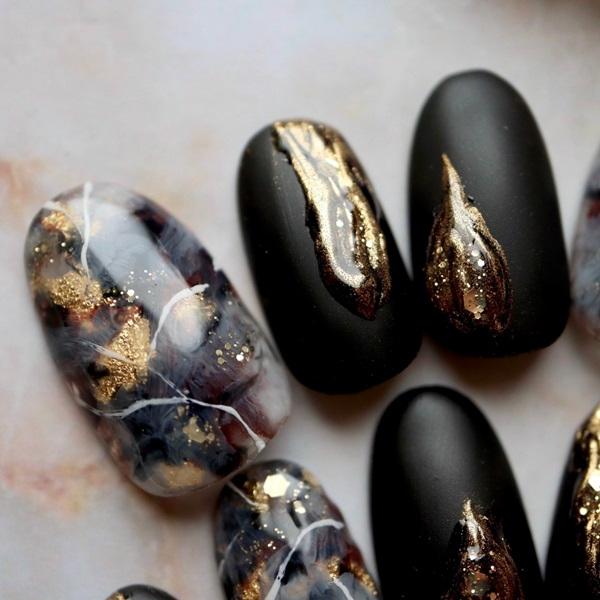 ジェルネイルチップ ブラック天然石風マット 付け爪 : DINA