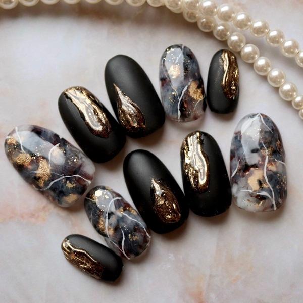 ジェルネイルチップ ブラック天然石風マット 付け爪 : DINAネイル