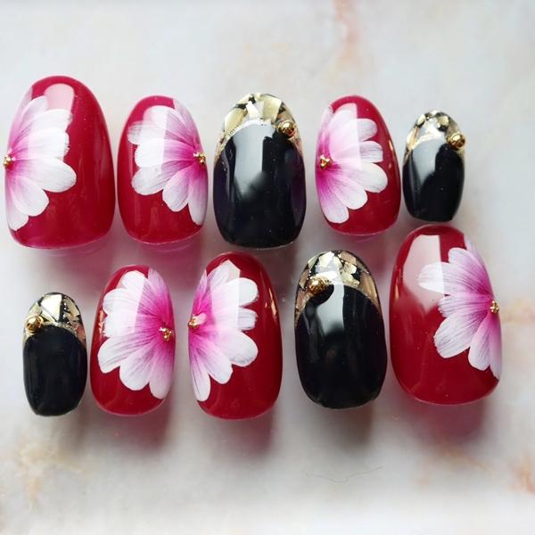 ネイルチップ 和風 ボルドー大輪フラワーペイント サイズオーダー ショート つけ爪 デザイン 着物 和柄 ハンドメイド 23 Dinaネイル 通販 Yahoo ショッピング